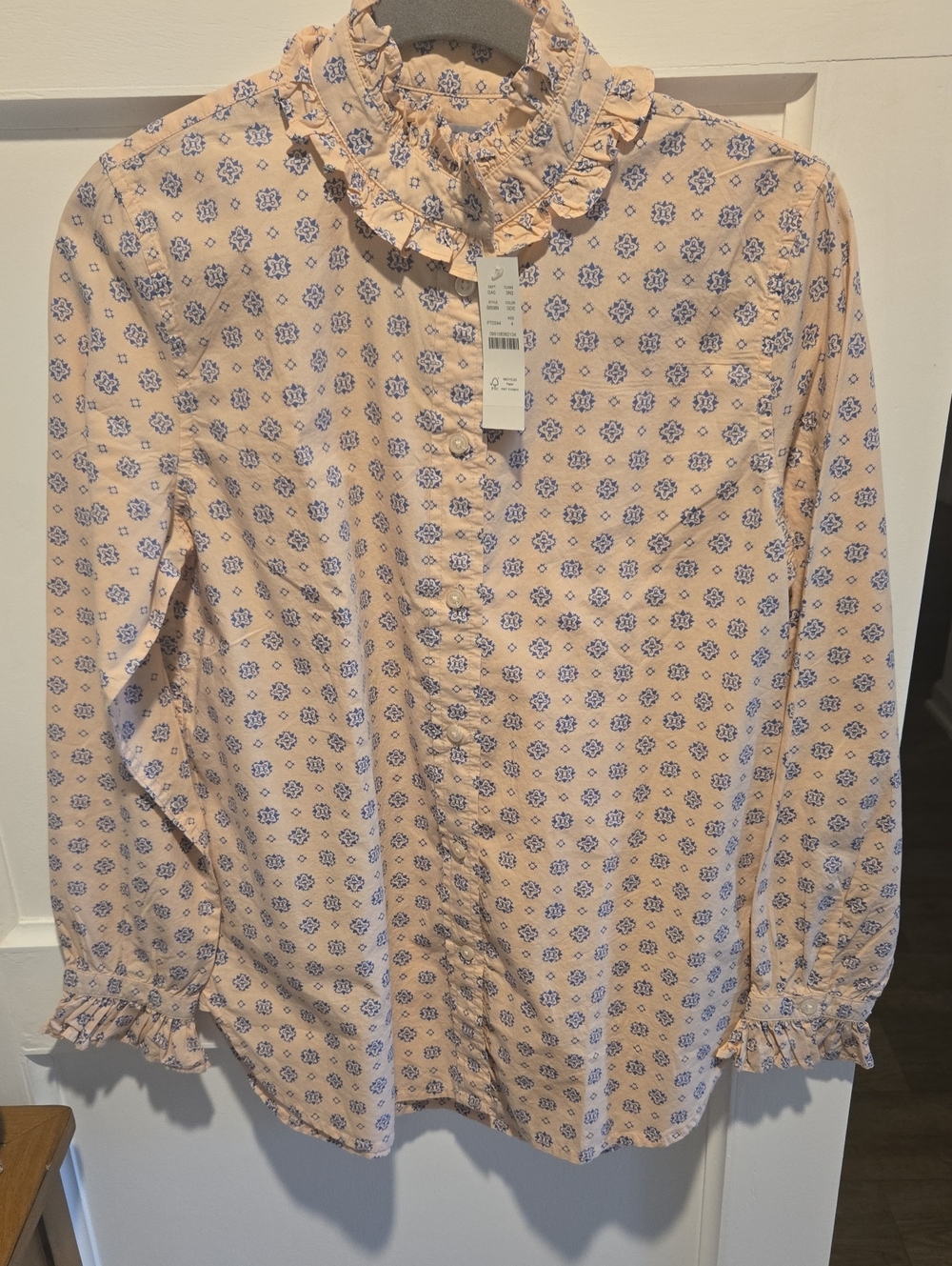 J. Crew Classic Pink and Blue Medallion Ruffled Shirt